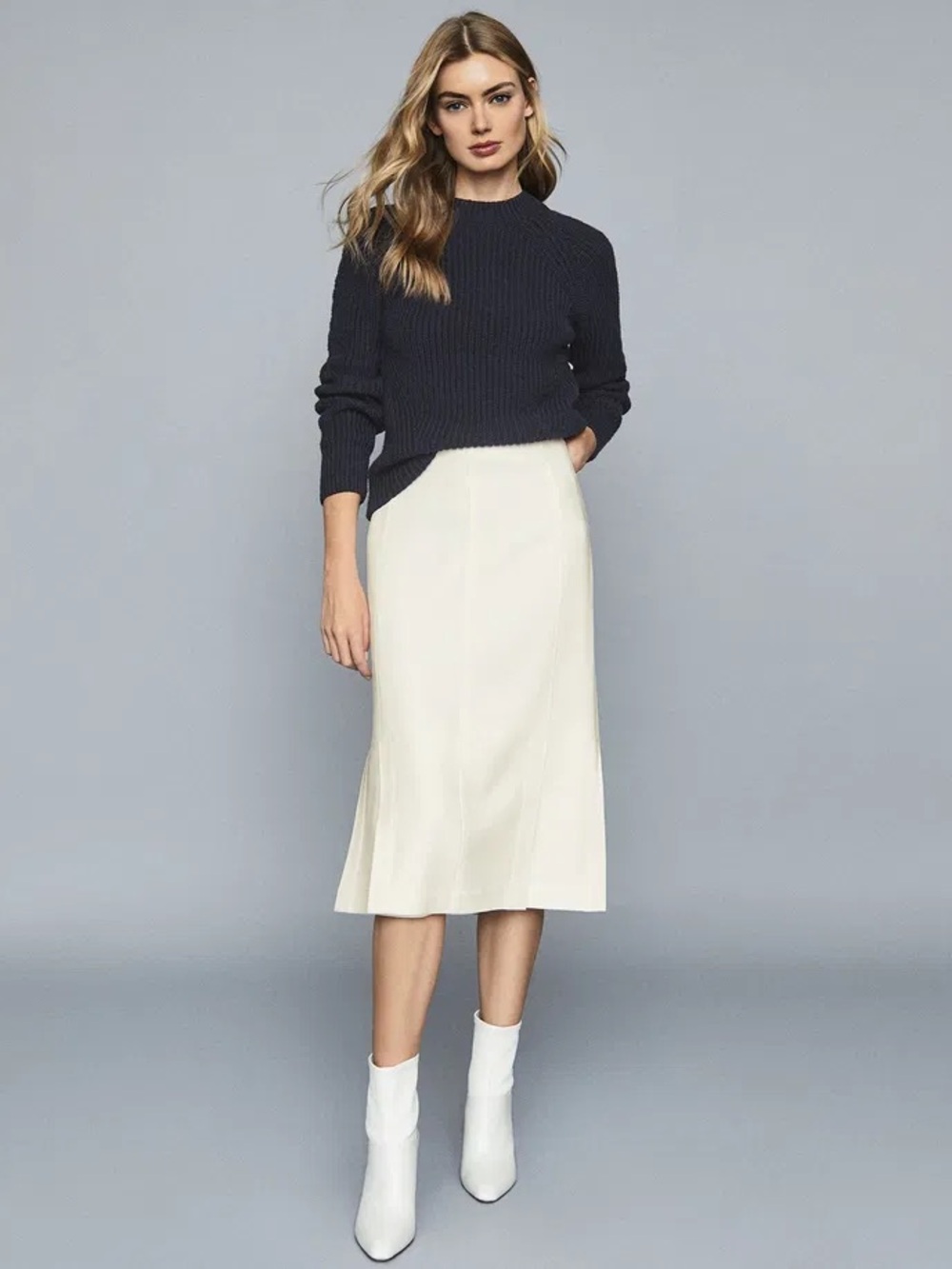 Reiss Cream Midi A-Line Skirt